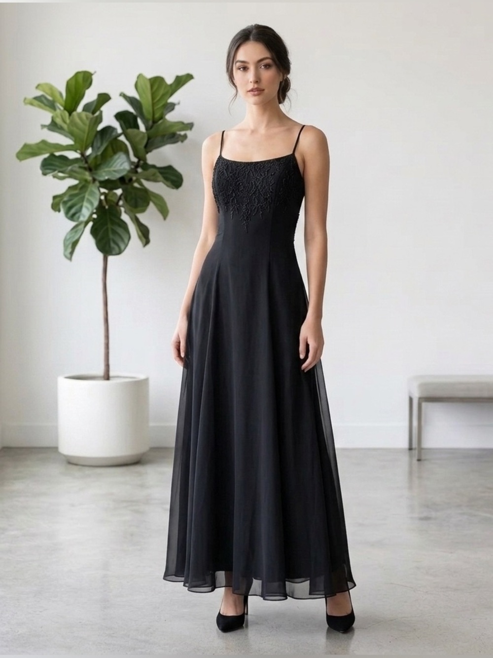 90s Black Chiffon Prom Dress Floral Embroidered Whimsigoth Evening Gown Sz 9/10